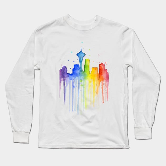 Seattle Watercolor Rainbow Long Sleeve T-Shirt by Olechka